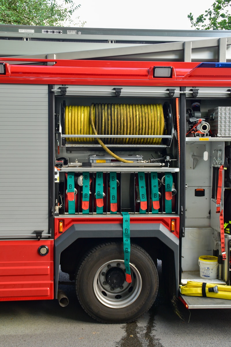 Fire apparatus equipment laid out for post-drill inspection